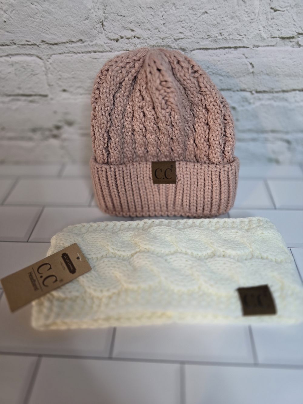 C.C  Cable Knit Beanie & Headband - Blush Pink & Cream